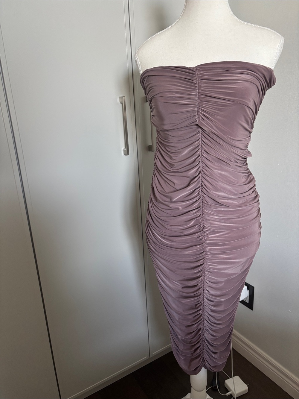 Club L London Strapless Ruched Midi Dress in Mauve